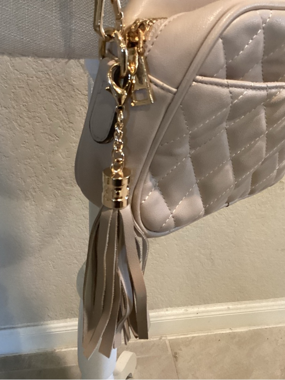 Lola Mae Quilted Crossbody Bag with Tassel in Beige - Picture 4 of 8